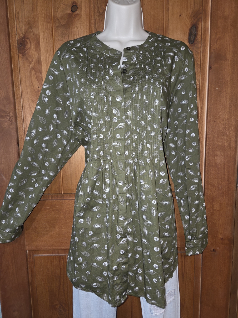 Woman‎ Within Olive Green Leaf-Print Blouse